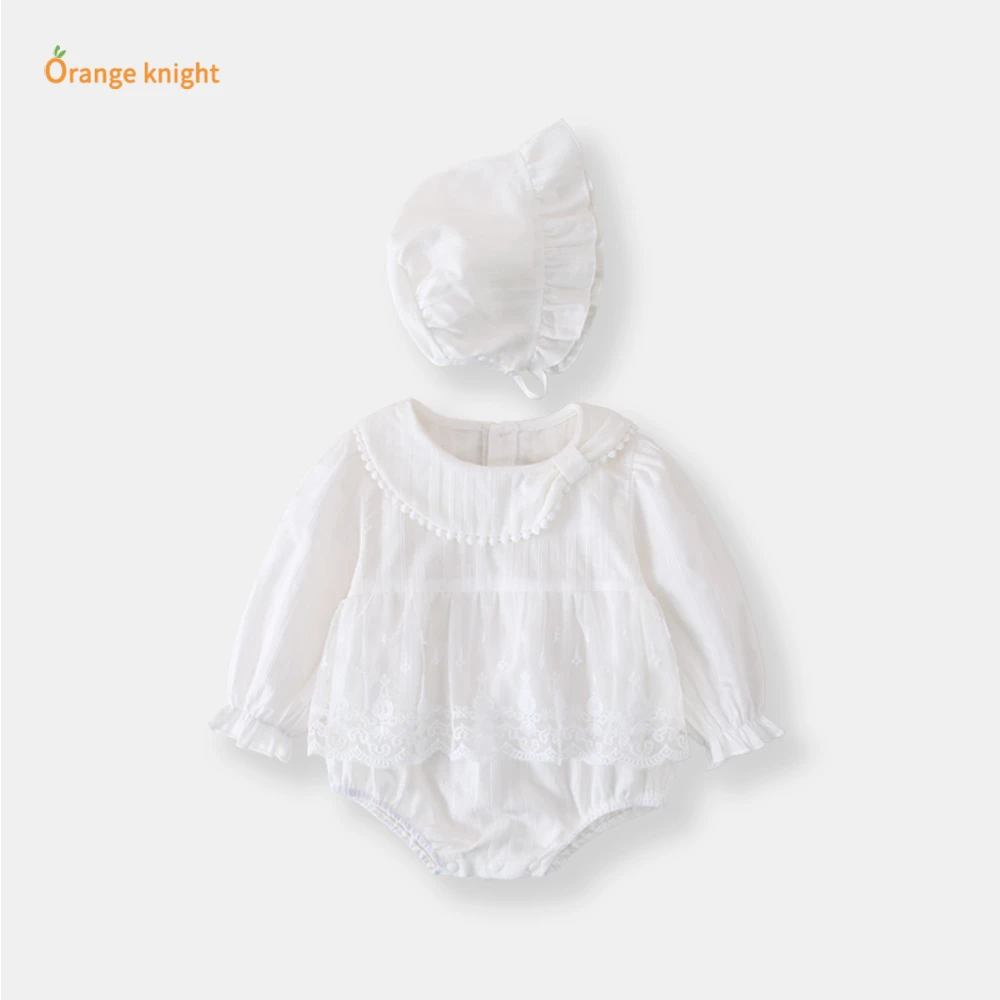 春秋甜美满月女宝爬服婴幼童小公主网纱裙摆设计珍珠娃娃领连体衣