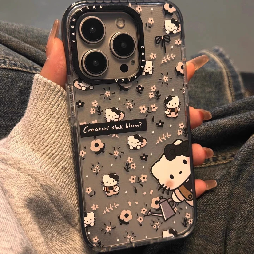 碎花kitty猫适用苹果17promax手机壳iphone16pro新款圈圈壳黑边