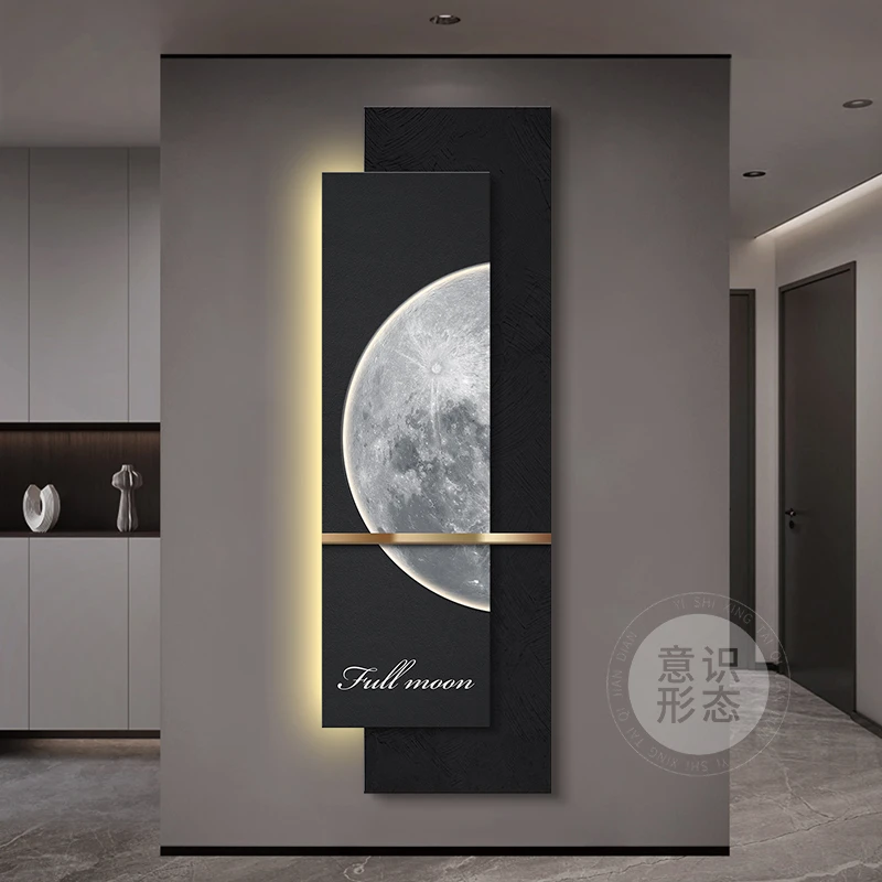 现代轻奢玄关装饰画高级感月球入户正对门挂画带灯走廊过道壁画