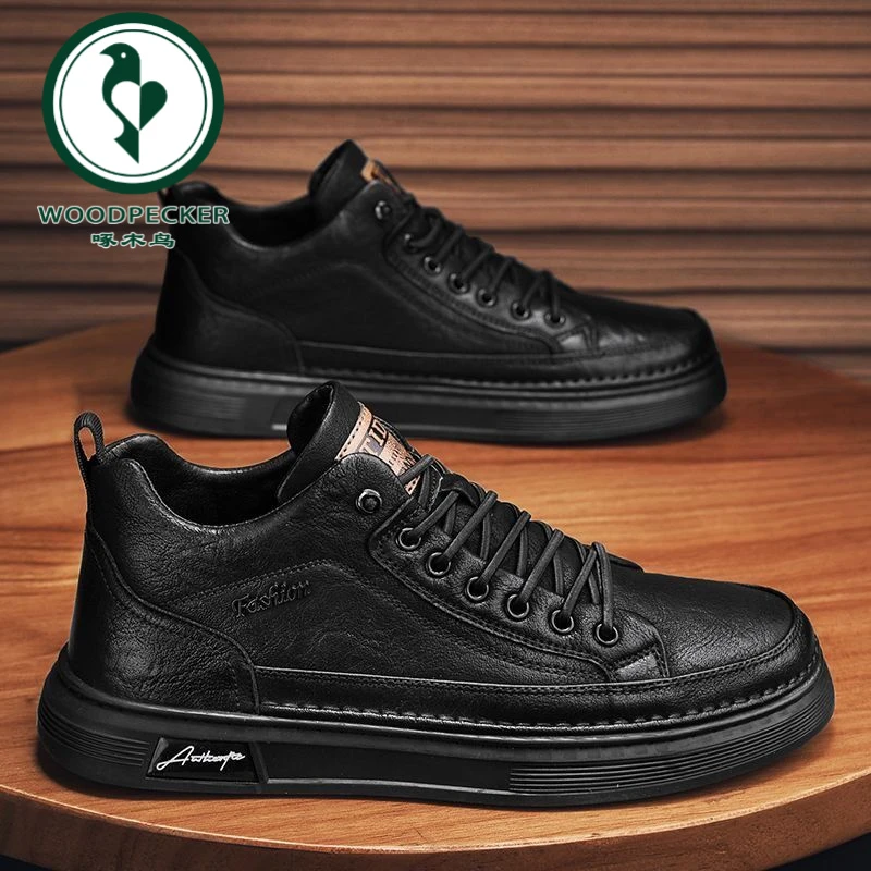 【正品】啄木鸟男鞋新款透气高帮潮流百搭黑色皮鞋休闲防滑正式商务