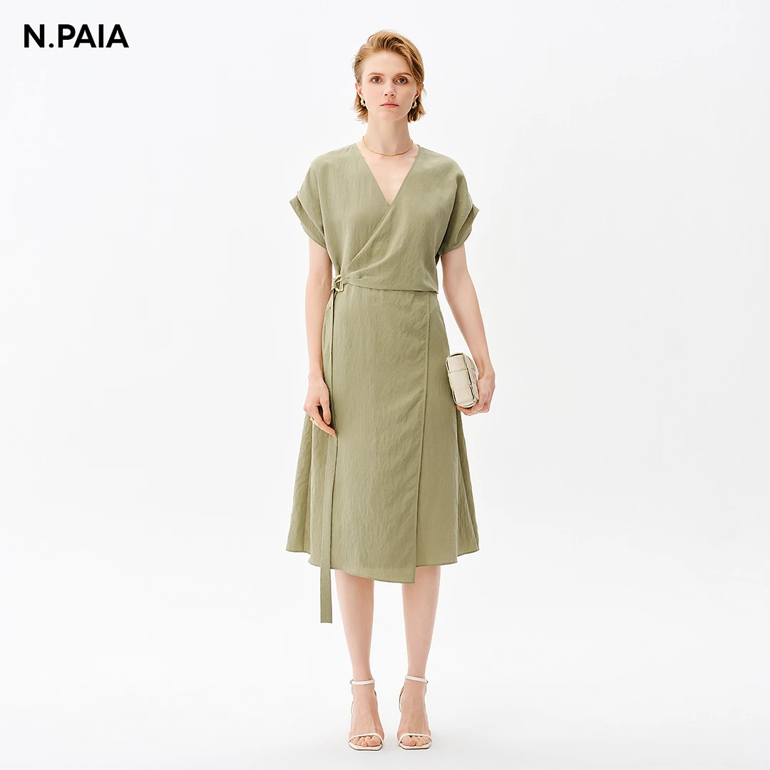 【桑蚕丝】恩派雅24新款围裹式V领堆叠袖优雅连衣裙XNJES4607A