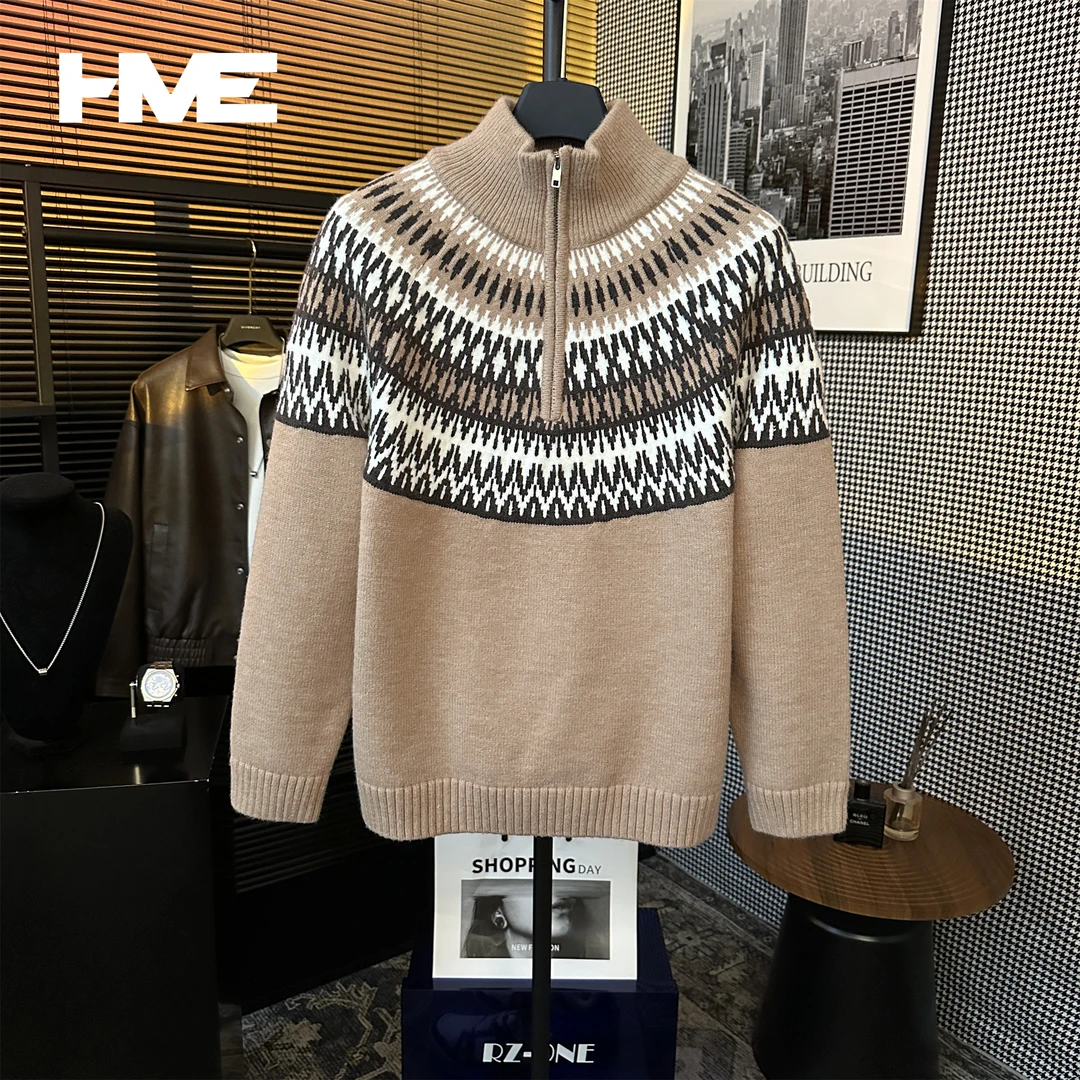 【HMEYAO】【费尔岛半拉链针织衫】重磅复古撞色几何图案立领针织毛衣