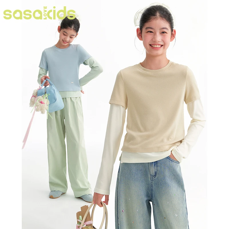 sasakids韩系氛围感卡其雾霾蓝时髦假两件亲肤透气长袖T恤女童