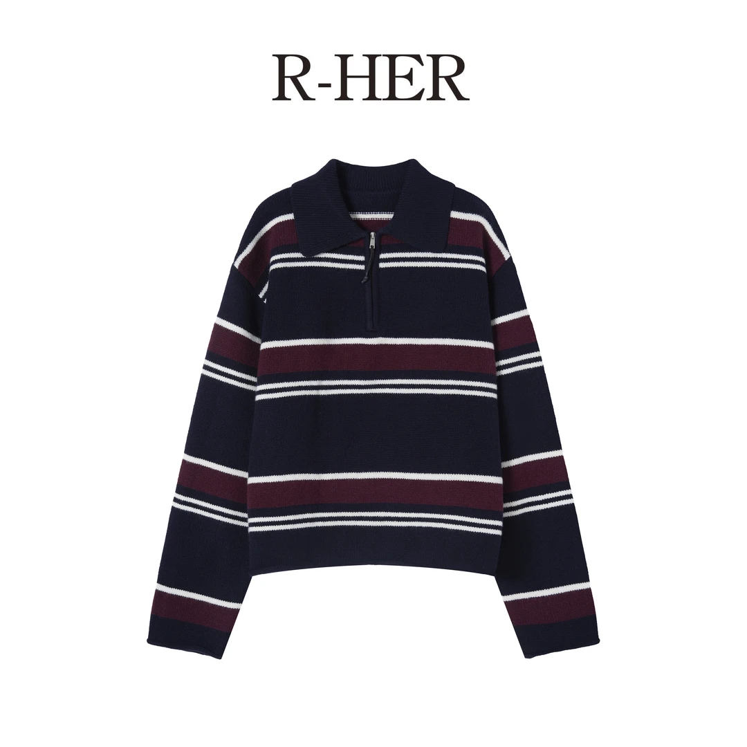 R-HER【条纹POLO针织】POLO领休闲修身韩版学院风百搭条纹针织衫