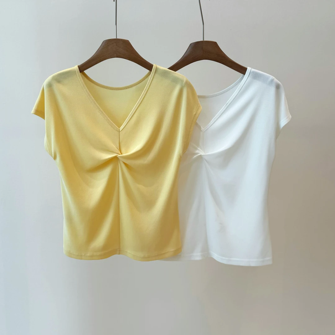 V领宽松落肩袖休闲纯色简约舒适T恤b236