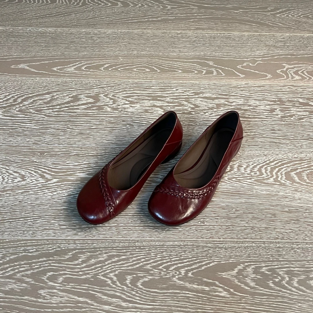 3CM手抓羊皮百搭皮鞋复古浅口圆头女鞋红色单鞋时尚高端粗跟女鞋