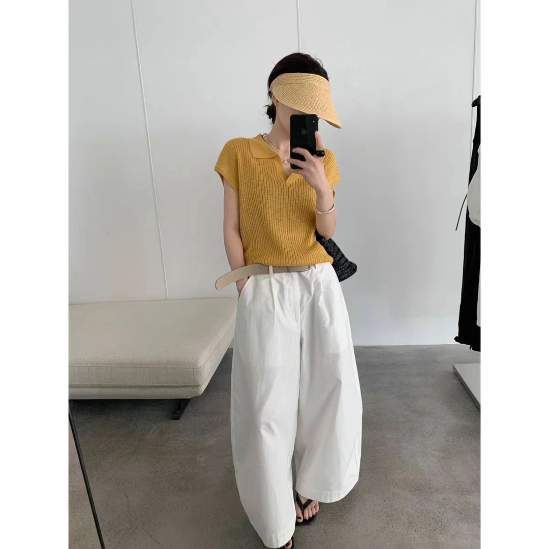 （柚子同款）SG夏款小V领显瘦冰丝针织短袖T恤