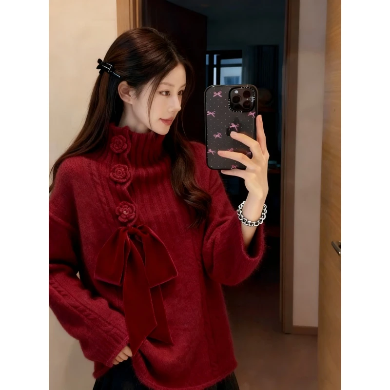 红色蝴蝶结立领毛衣女款2025新款秋冬立体花朵气质长袖针织衫上衣