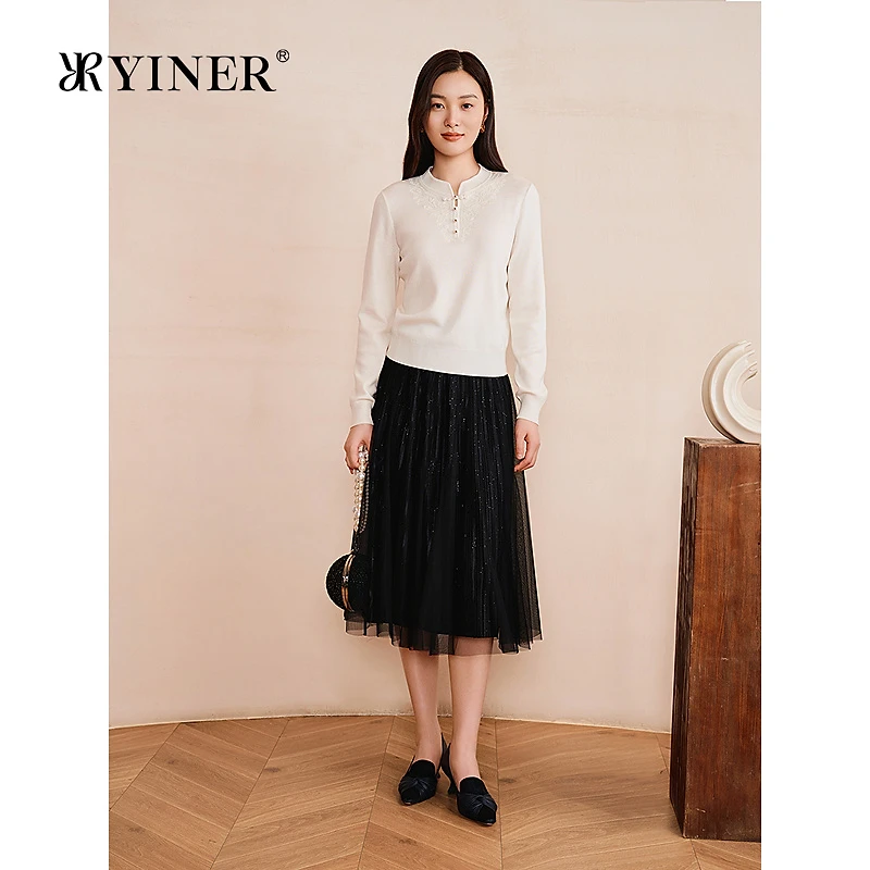YINER音儿专选2025春季新款亮丝小黑裙三层网纱A字高腰半身裙