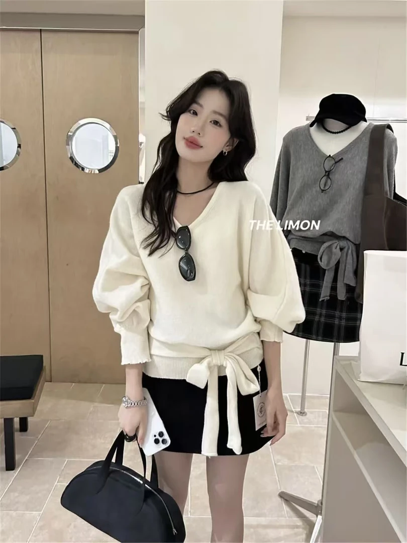 韩系慵懒V领休闲风绑带设计长袖宽松针织衫设计感短款松弛女