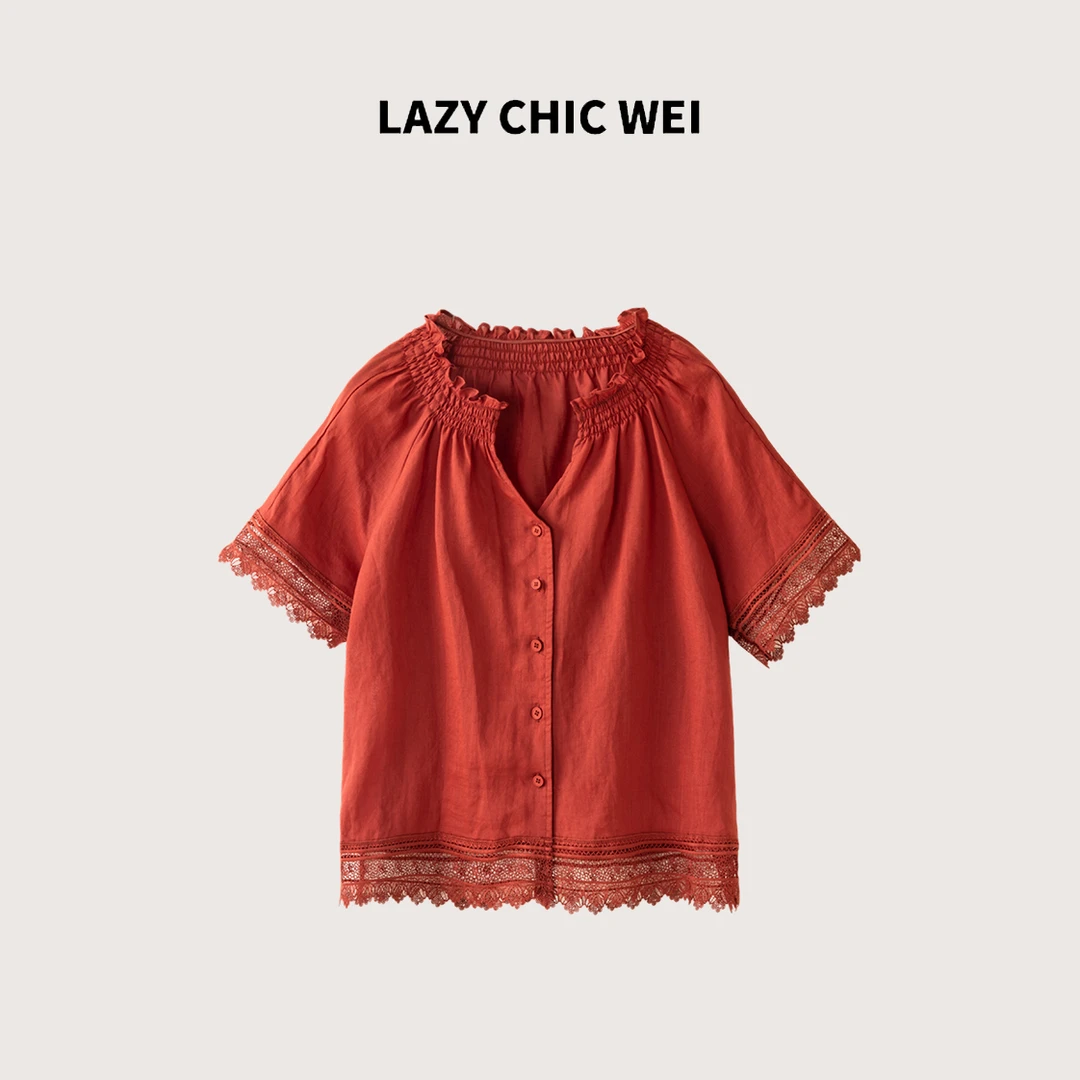 WEI “红蔷薇”100苎麻法式木耳边蕾丝拼接上衣 2505SSW5253