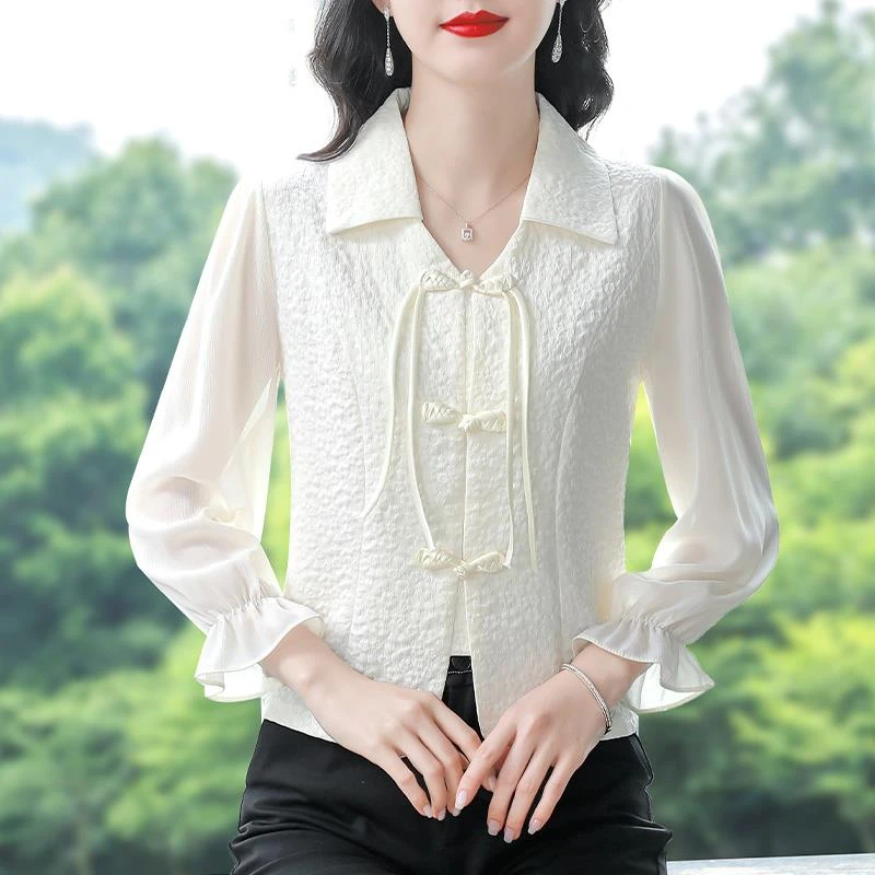 新中式国风盘扣雪纺衬衫女春装新款气质短款小衫时尚修身显瘦上衣