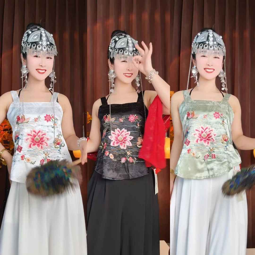 民族风带花缎面背心吊带唐汉布衣新款Y