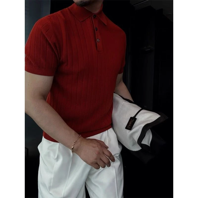 纯色条纹针织衫短袖男士轻奢高质感穿搭翻领Polo衫商务休闲新款