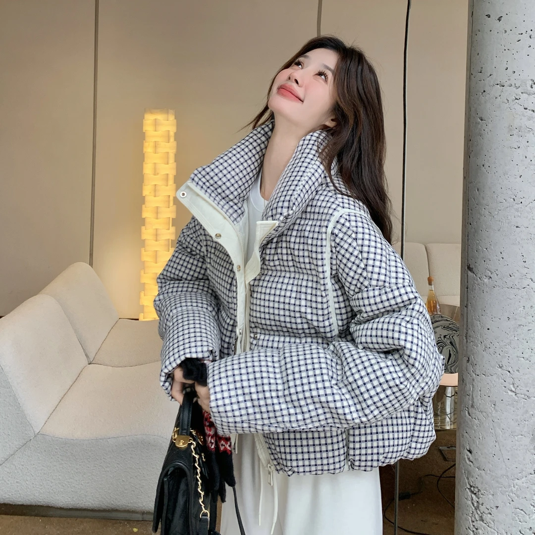 设计感格子立领短款羽绒服女2025冬新款韩系小个子百搭面包服外套
