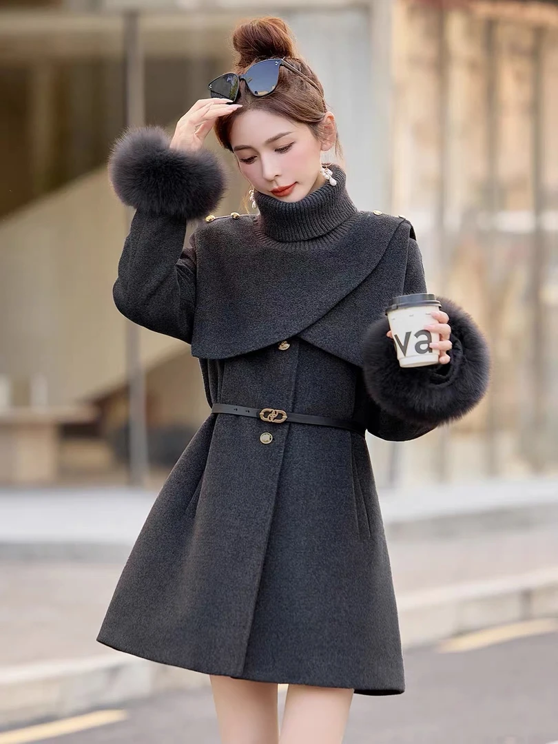 老钱风大翻领毛呢大衣女中长款2025冬季新款显瘦高级感毛呢外套