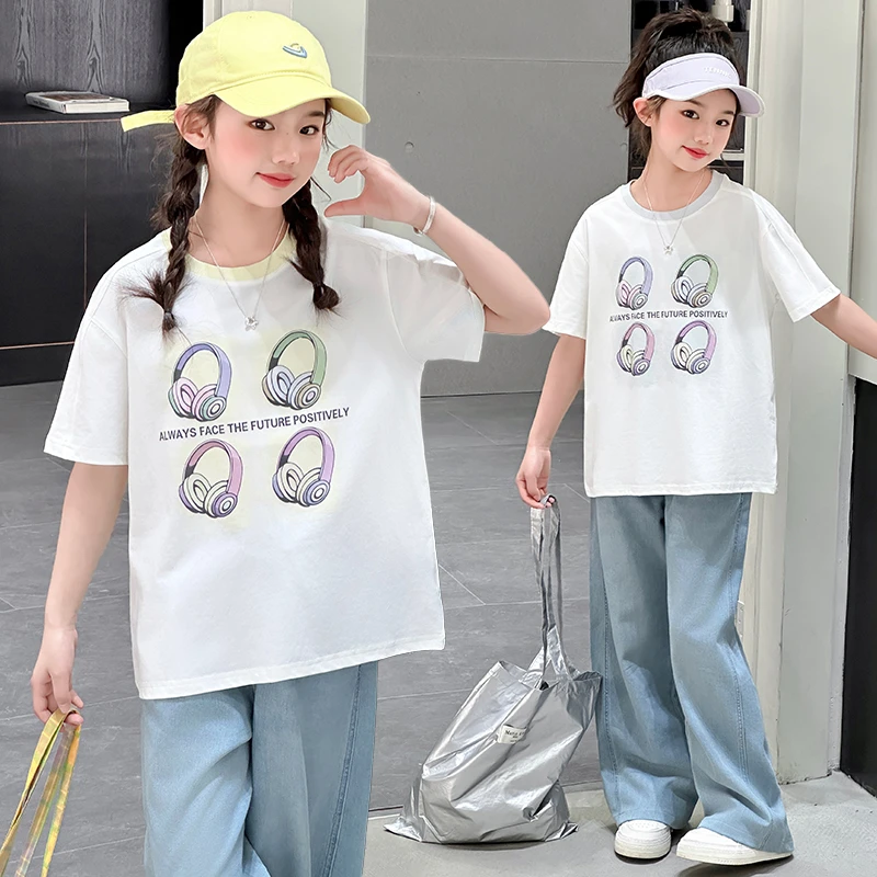 女童夏装休闲套装2025新款儿童短袖tT恤直筒裤宽松舒适夏装两件套