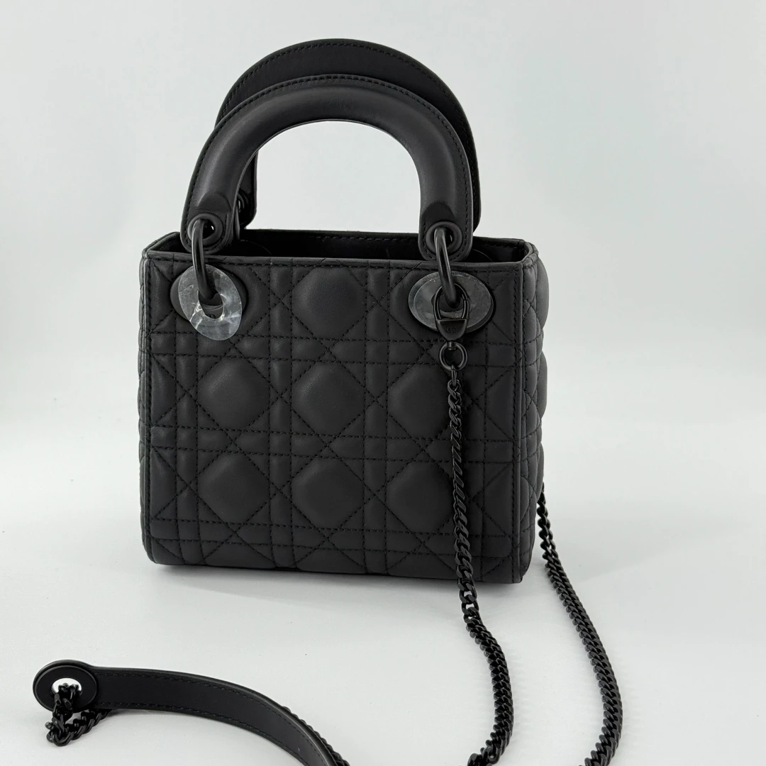 99新 DIOR/迪奥 戴妃三格单肩斜挎链条包磨砂黑牛皮闲置新