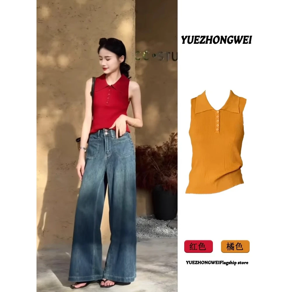 红色polo领冰丝针织背心女夏季外穿2025新款修身辣妹翻领无袖上衣