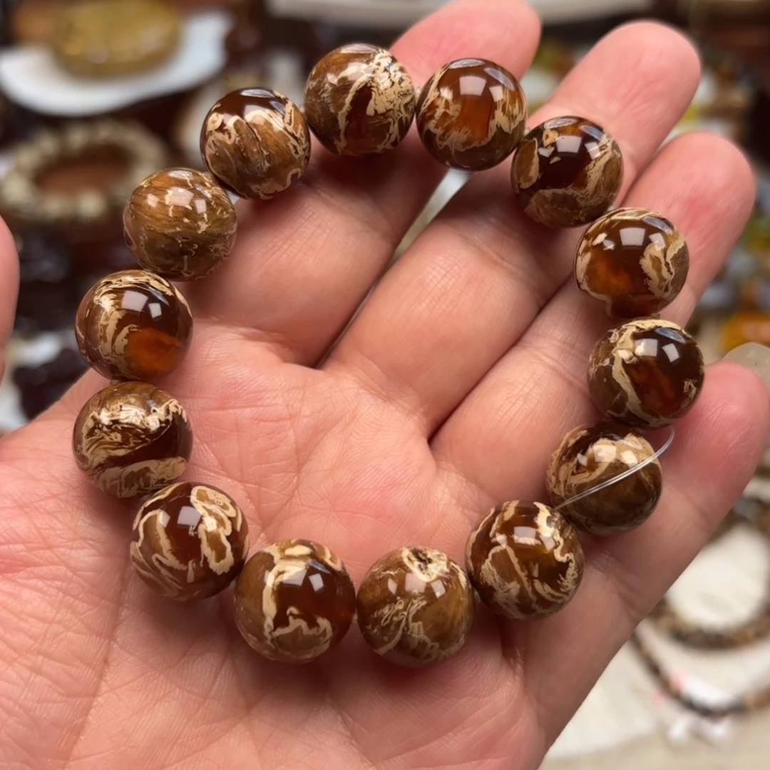 琥珀未镶嵌手链同料花脸根珀溶洞妖花卡15