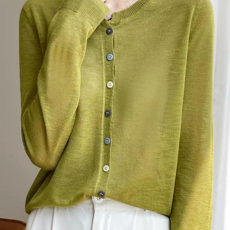 薄款竹节麻长袖针织开衫女夏季圆领防晒外套空调衫短款上衣外搭