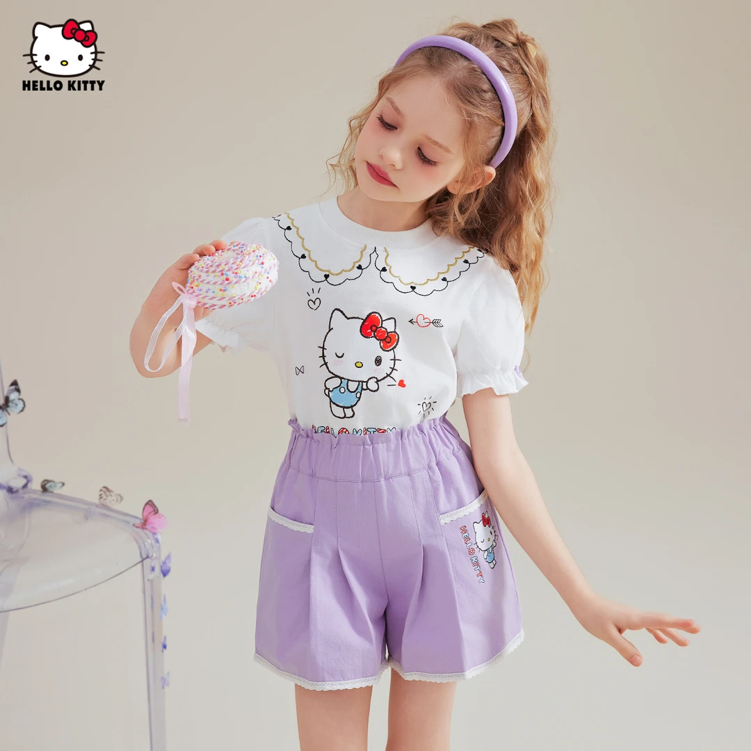 女童夏季新款套装2025款凯蒂猫卡通甜美T恤中大童装两件套
