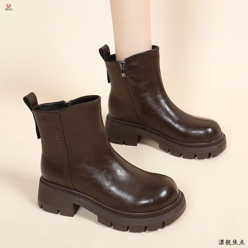 马丁靴女2025新款百搭秋冬季圆头英伦风增高显瘦厚底真皮短靴女鞋