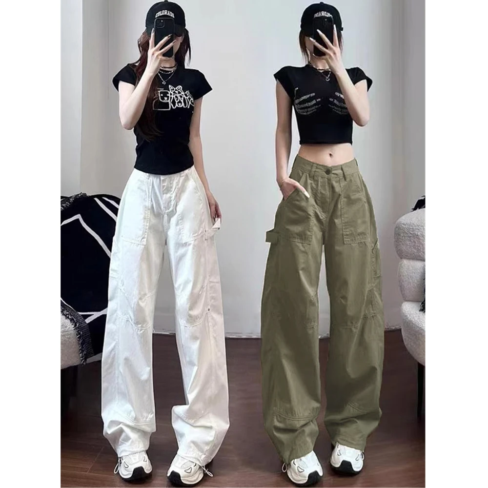 夏季薄款工装裤女高腰显瘦宽松百搭多口袋设计辣妹直筒阔腿休闲裤