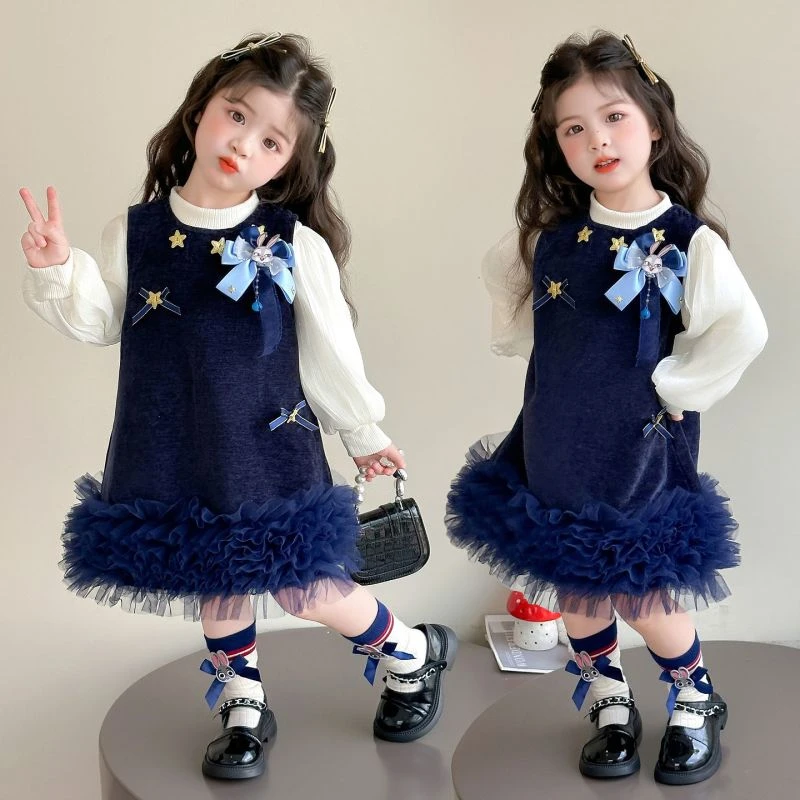 女童秋装套装裙2025新款洋气儿童公连衣裙女宝宝兔子警官两件套