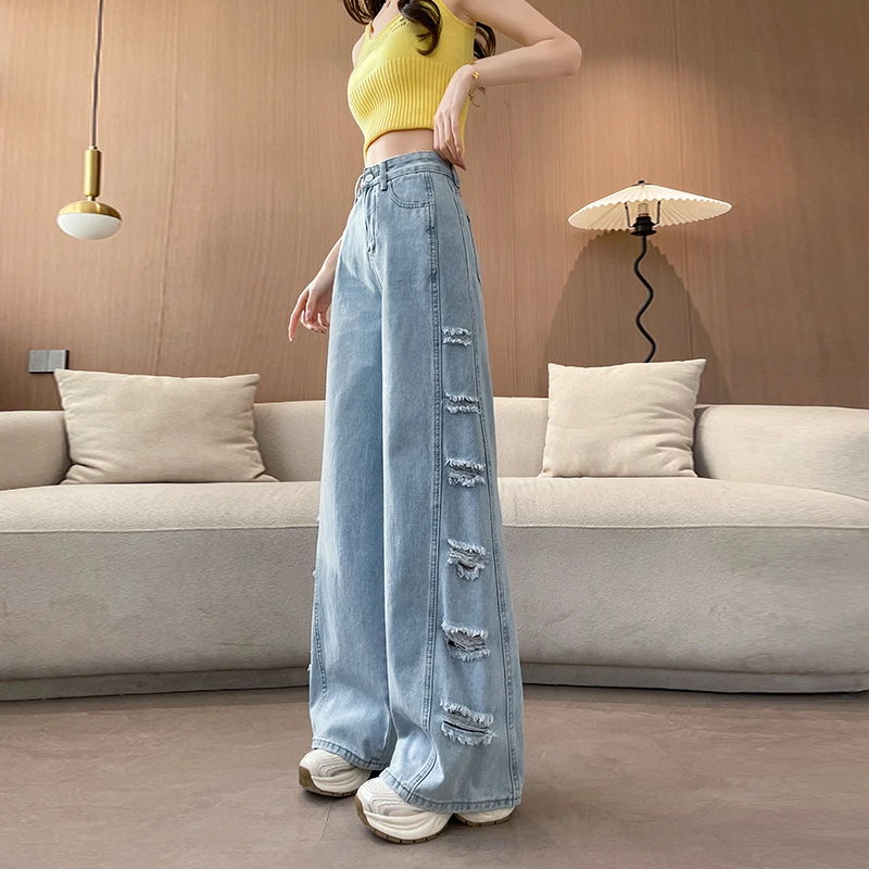 破洞牛仔裤女长裤2025年春夏季新款薄款时尚高街宽松直筒阔腿裤子
