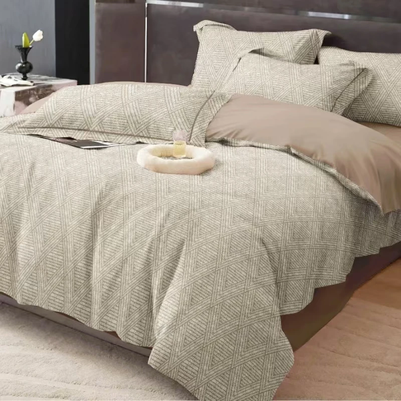 100%斜纹纯棉轻奢亲肤四件套床单被套高支高密印花简约四季可用