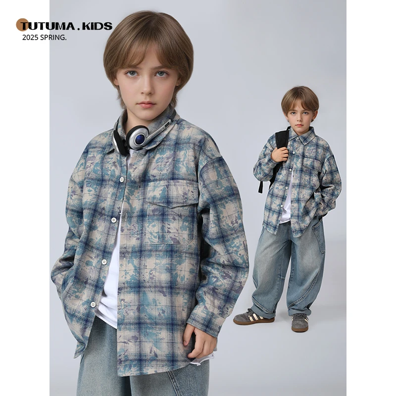 现货【春季新品】男女童休闲扎染格子长袖衬衫春季宽松中大童上衣潮