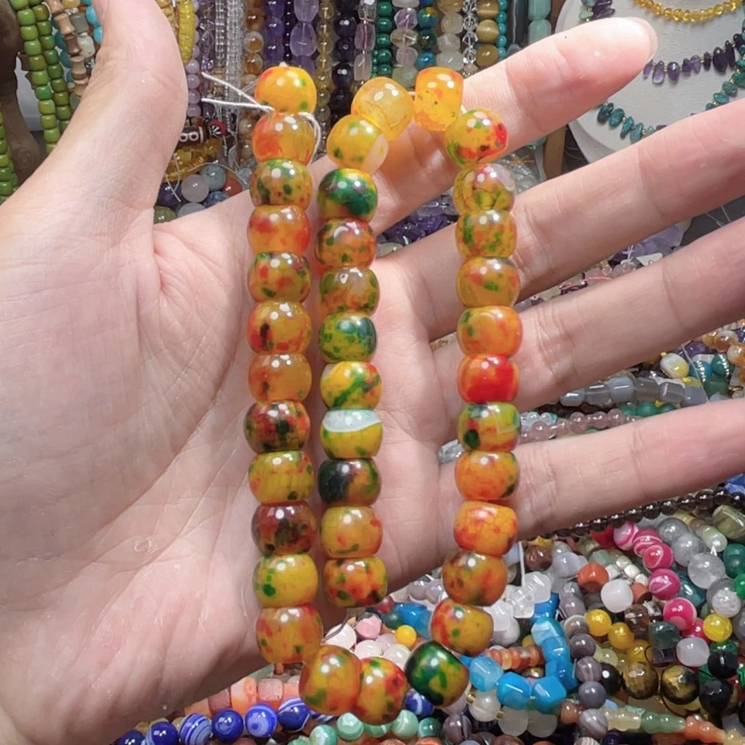 石英质玉，七彩凤羽玛瑙墩墩13mm，未镶嵌
