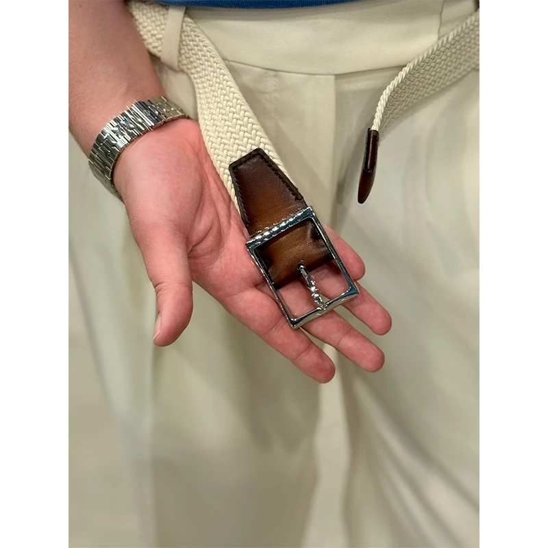 (主店)4000版“巴黎绅士风 Venezia擦色Bonaudo牛皮拼弹力织带皮带