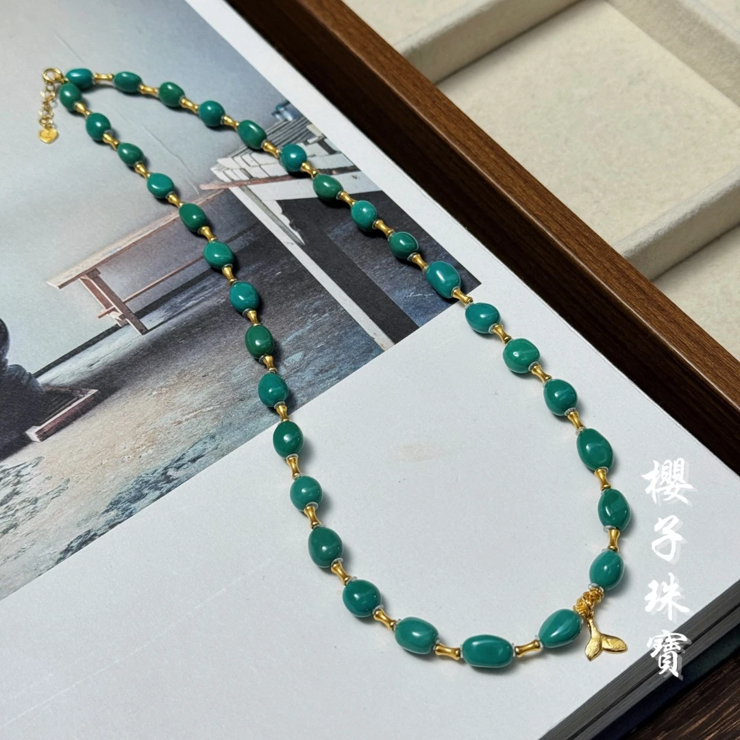 樱子 | 风吟 18K金高瓷绿松糖豆时尚设计百搭锁骨项链*YZLSX3889