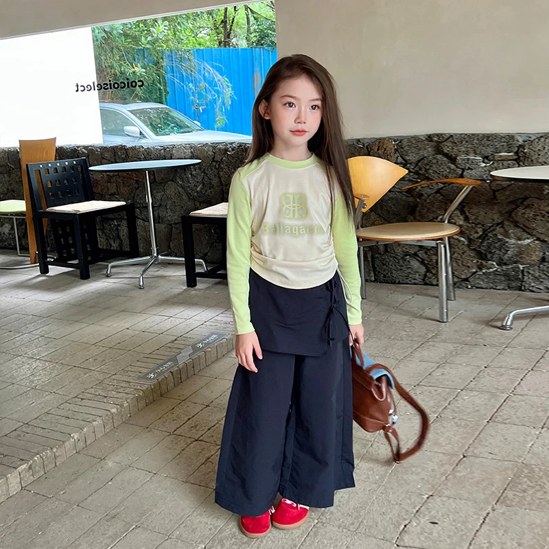 【清仓】童装女童韩版抽绳T恤春秋款2024裤子女宝宝百搭打底衫
