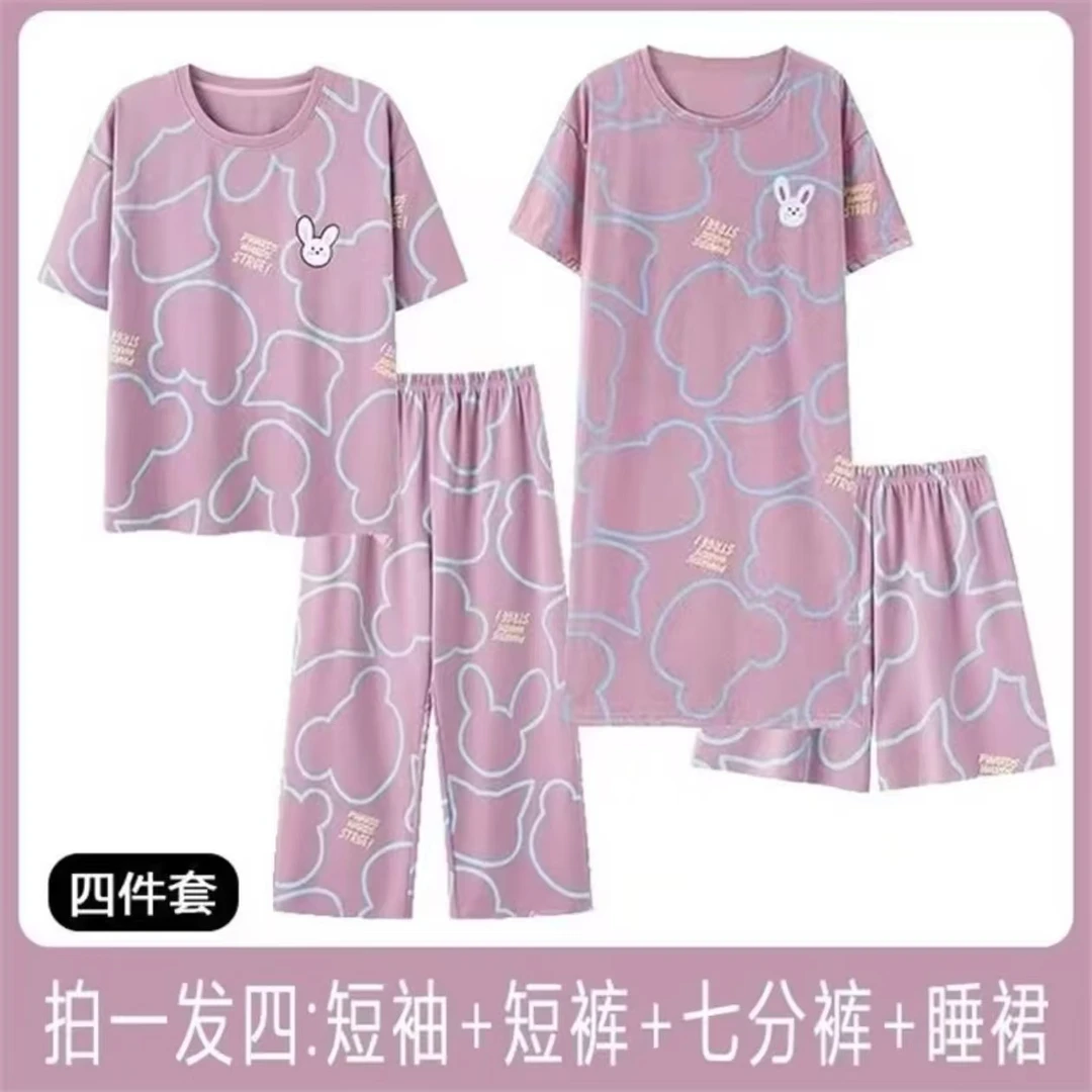 四件套睡衣女夏天2025新款爆款短袖睡裙短裤大码卡通薄款家居服LT