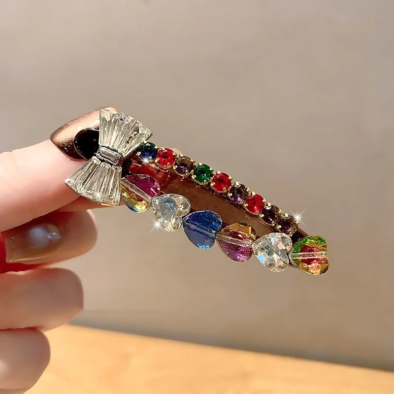 艺米诺韩国新款水钻发夹女蝴蝶结彩钻轻奢鸭嘴夹气质洋气边夹发饰