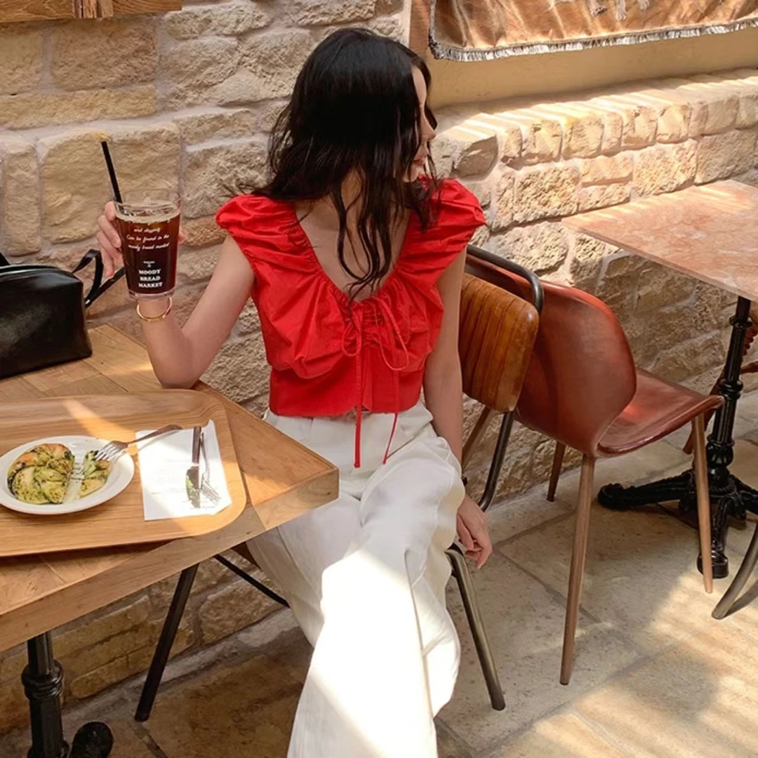 曼曼【甜茶辣妹~】韩版甜美褶皱修身蝴蝶结系带短袖衬衫上衣