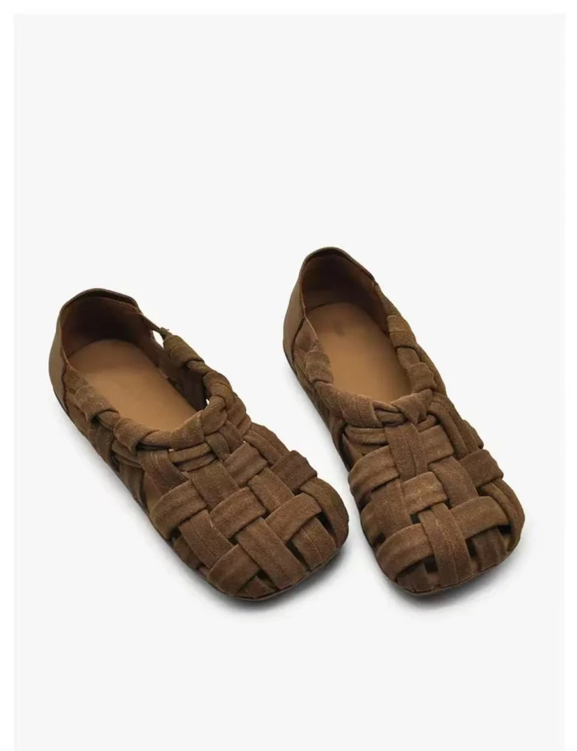 真皮编织中跟休闲风包头防滑镂空夏季女鞋986