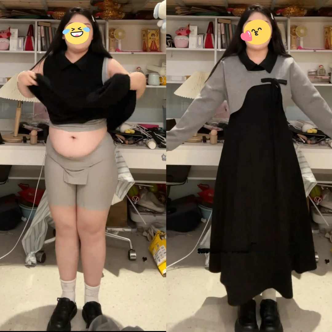 大码韩系气质高级感连衣裙套装女秋冬胖mm显瘦遮肚子罩衫长裙套装