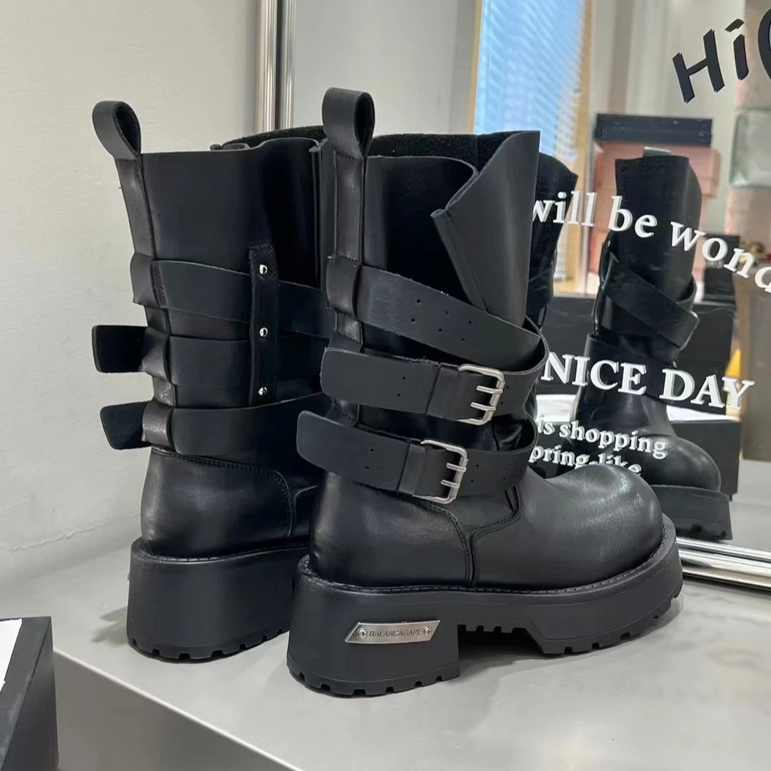 早秋女款牛皮走秀款毒液暗黑骑士靴女2025厚底中筒马丁靴女大头