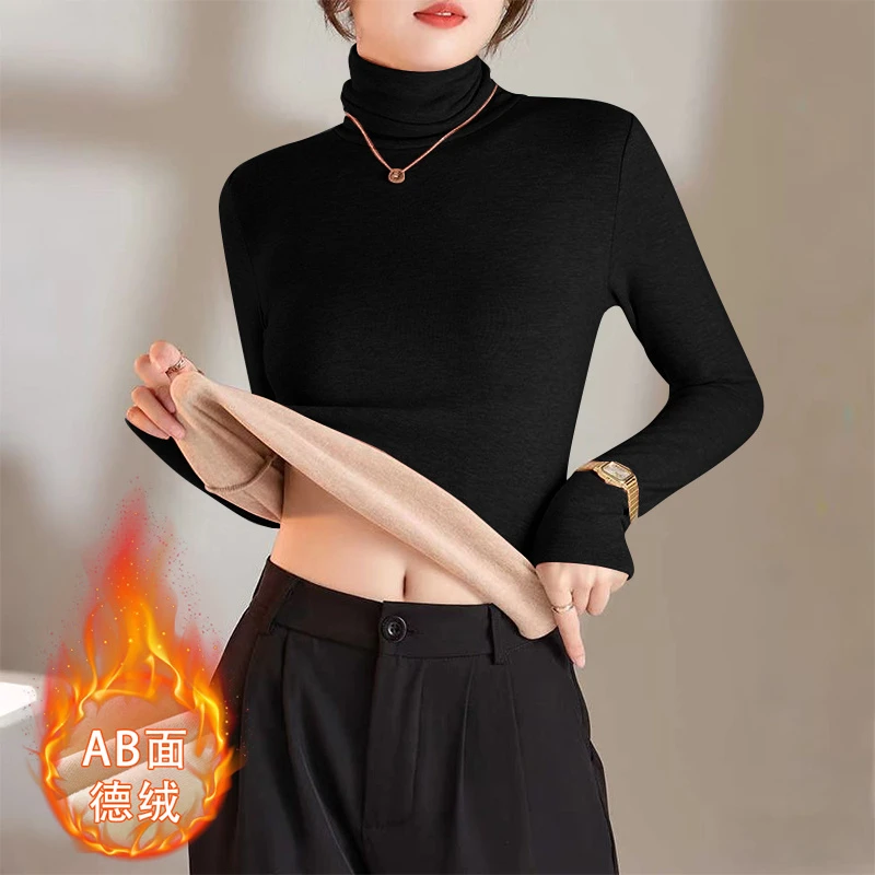 一体领加绒韩版长袖打底衫2025新款秋冬季显瘦女士装时尚螺纹T恤