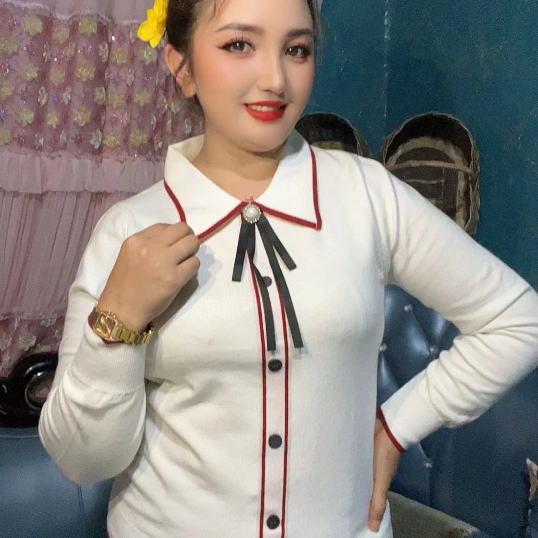 长袖减龄轻职风针织植绒毛针织衫开衫日系女装海军