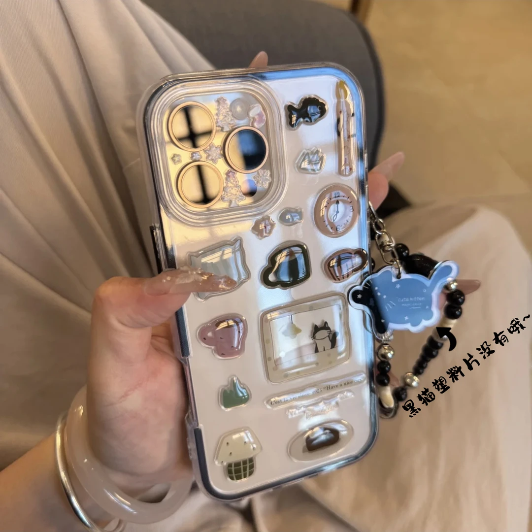奥菲顿闹钟黑猫挂链适用苹果16二合一手机壳iPhone14/15/13pro/11