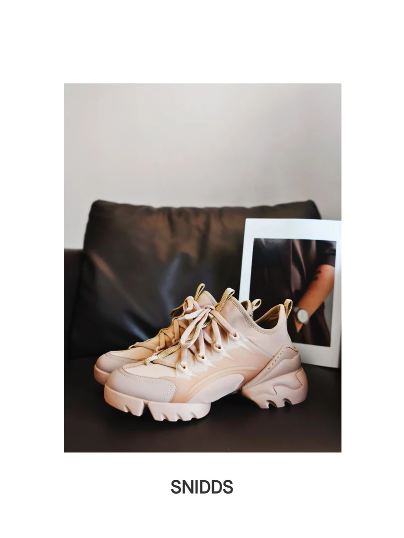 女款圆头厚底拼接增高系带休闲老爹鞋