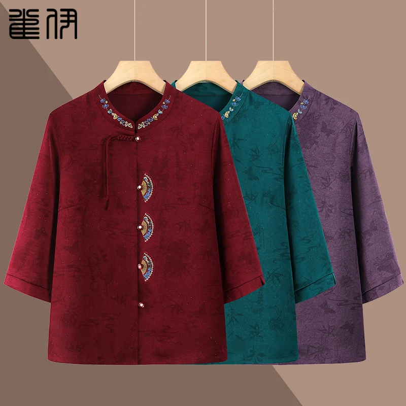 奶奶夏装七分袖衬衫中老年人衬薄款老太太夏季开衫妈妈装洋气上衣