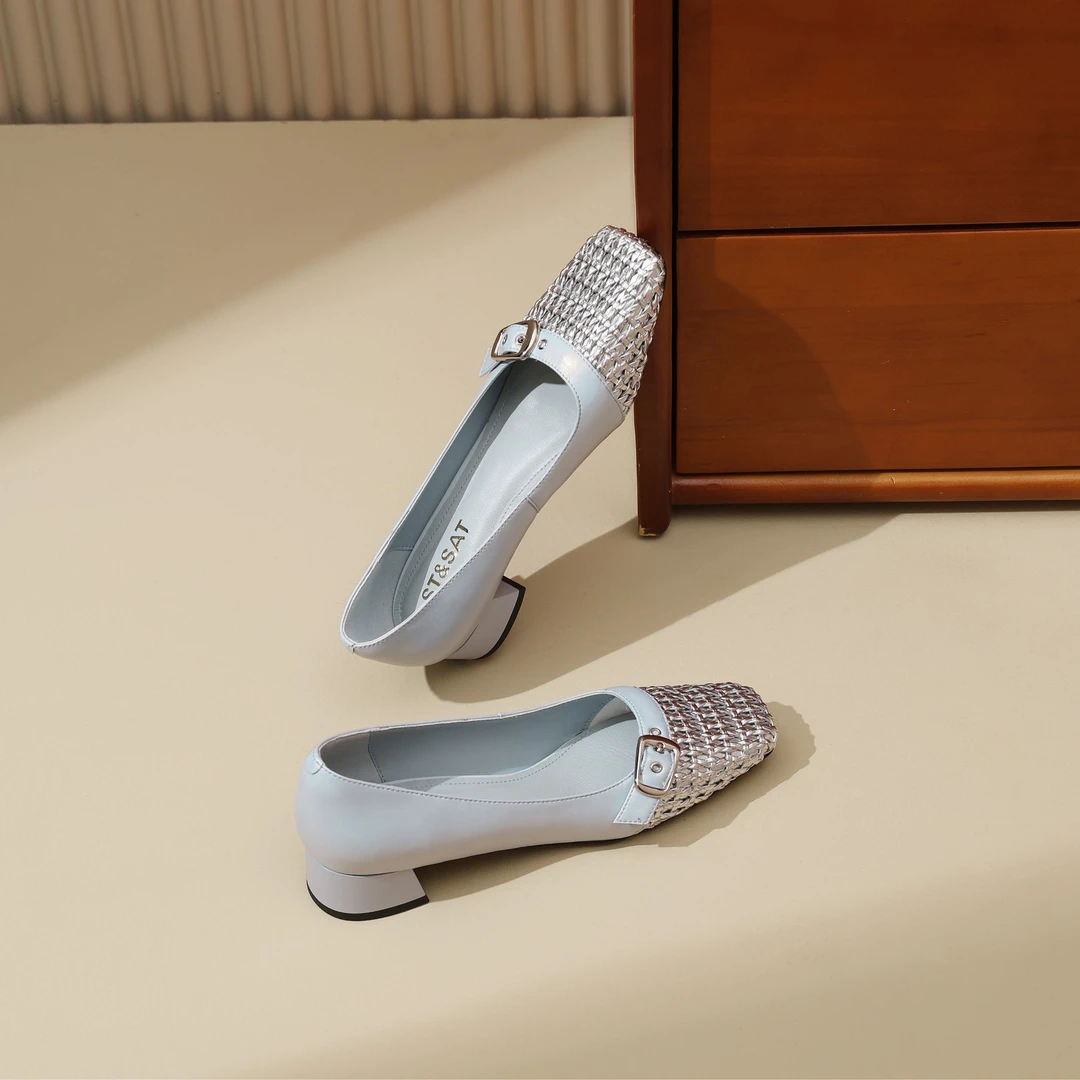 星期六2025时尚百搭单鞋夏季粗跟方头浅口气质女鞋优雅软底通勤鞋