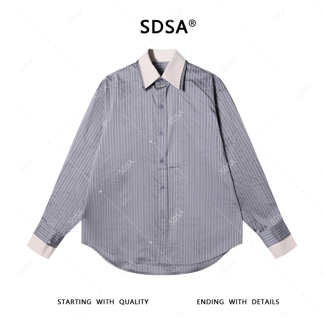 SDSA男士秋冬新款轻奢痞帅男装撞色竖纹假两件翻领衬衫时尚衬衣潮