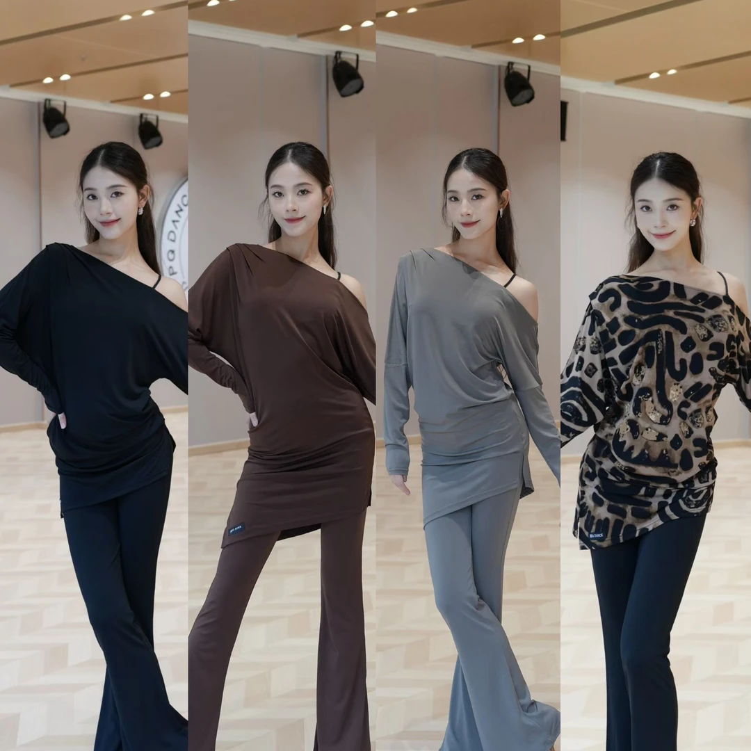 JIADANCE新款长袖罩衫斜肩宽松拉丁国标舞大衫上衣女练舞教课遮肉